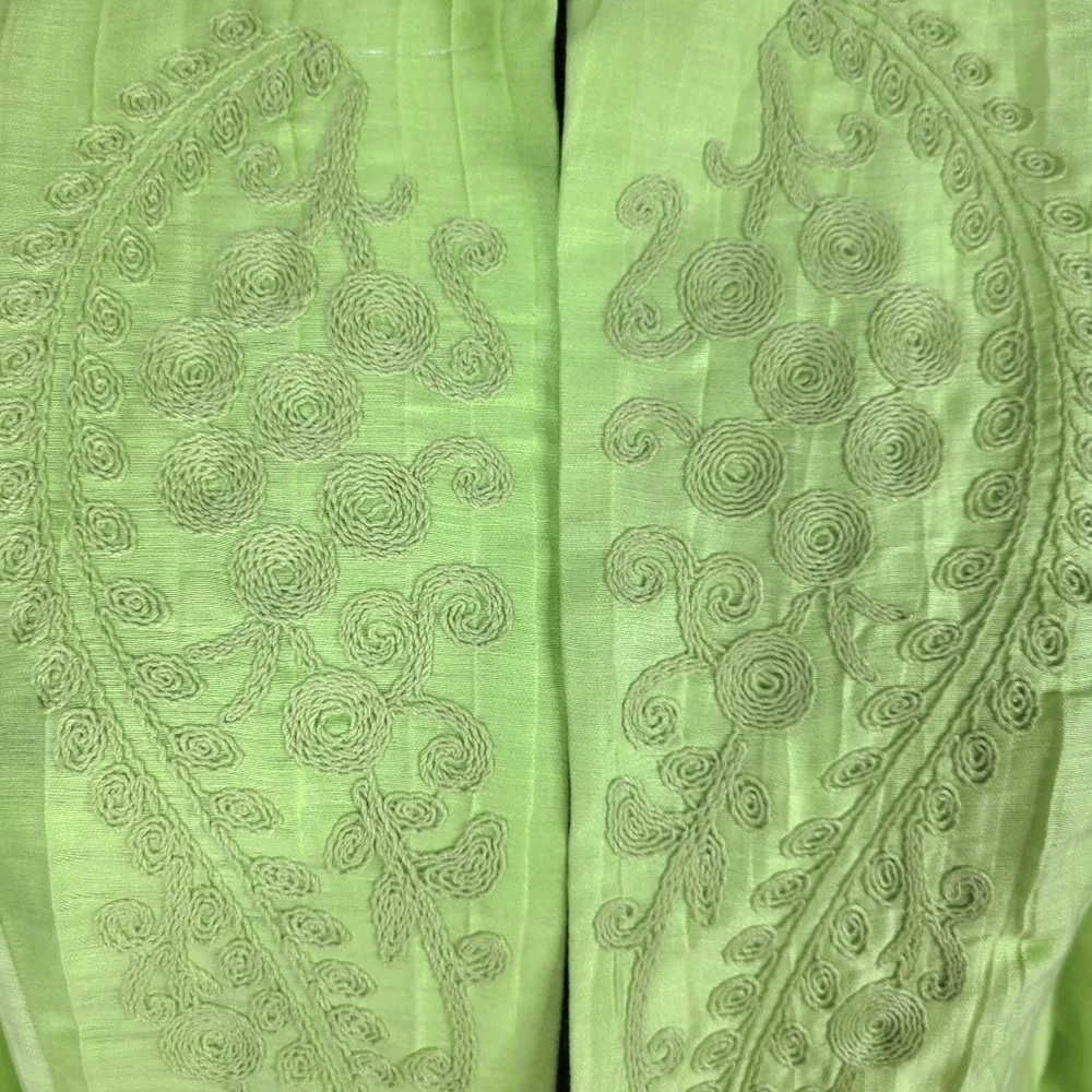 Chicos Blazer Size 0 S 4 Neon Green Open Front Embroidered Pockets Linen Blend